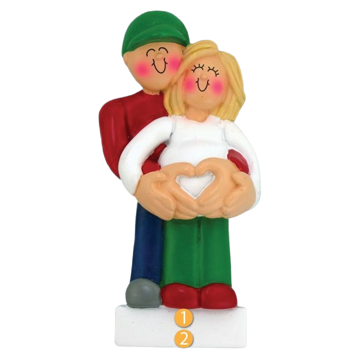 Personalized blonde pregnancy ornament with couple making heart shape on belly from Christmas Ornaments collection