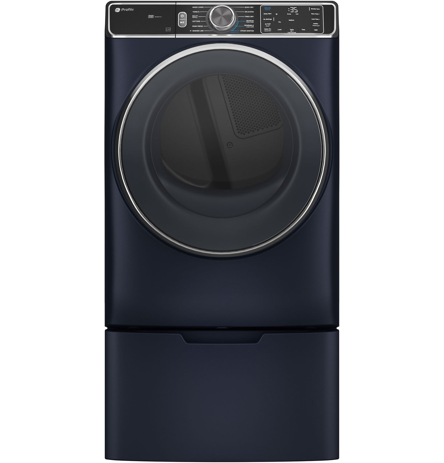 Smart front load gas dryer in dark blue with digital display and control knob in modern appliance setting
