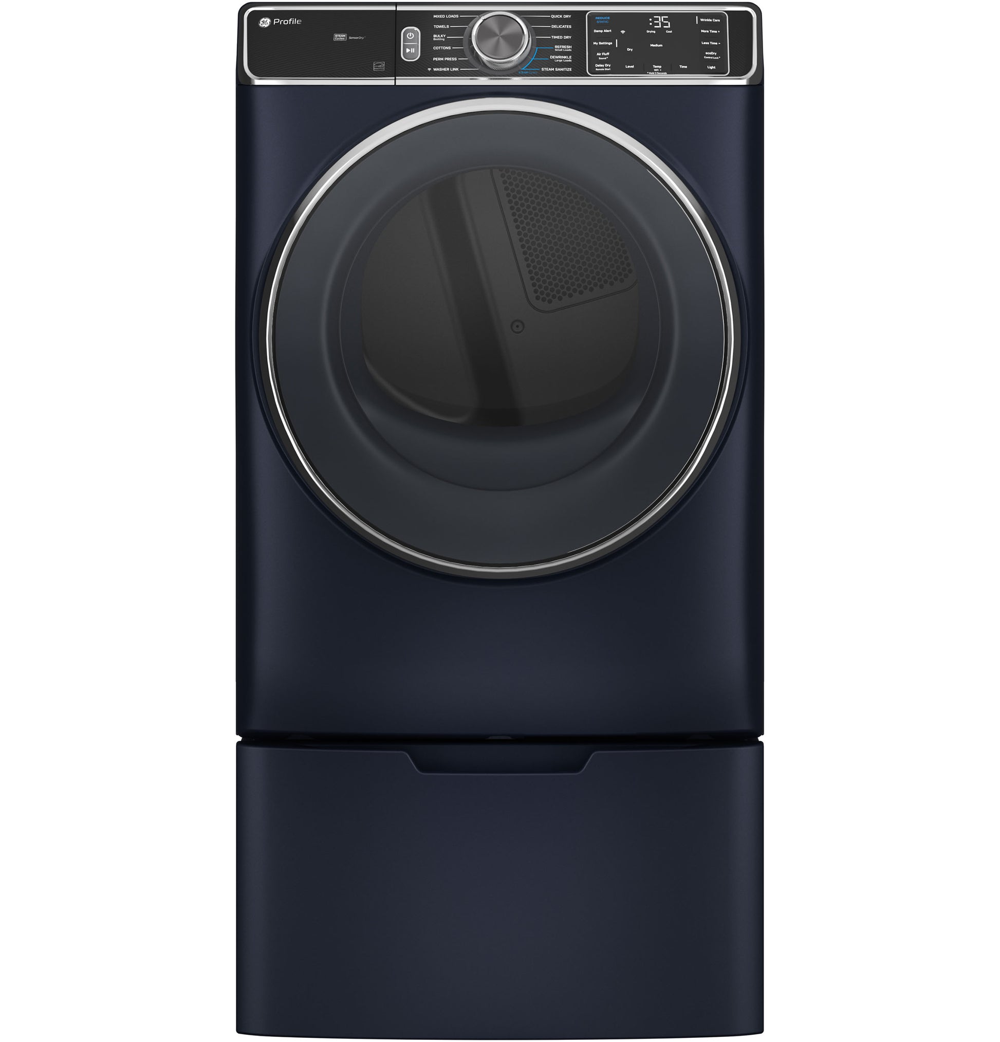 Smart front load gas dryer in dark blue with digital display and control knob in modern appliance setting