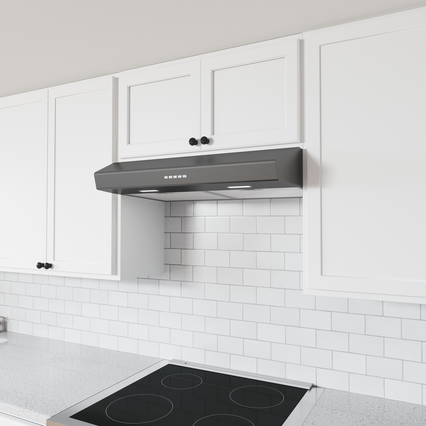Modern gray under cabinet range hood with LED lights, touch controls, and white kitchen cabinetry in kitchenware collection