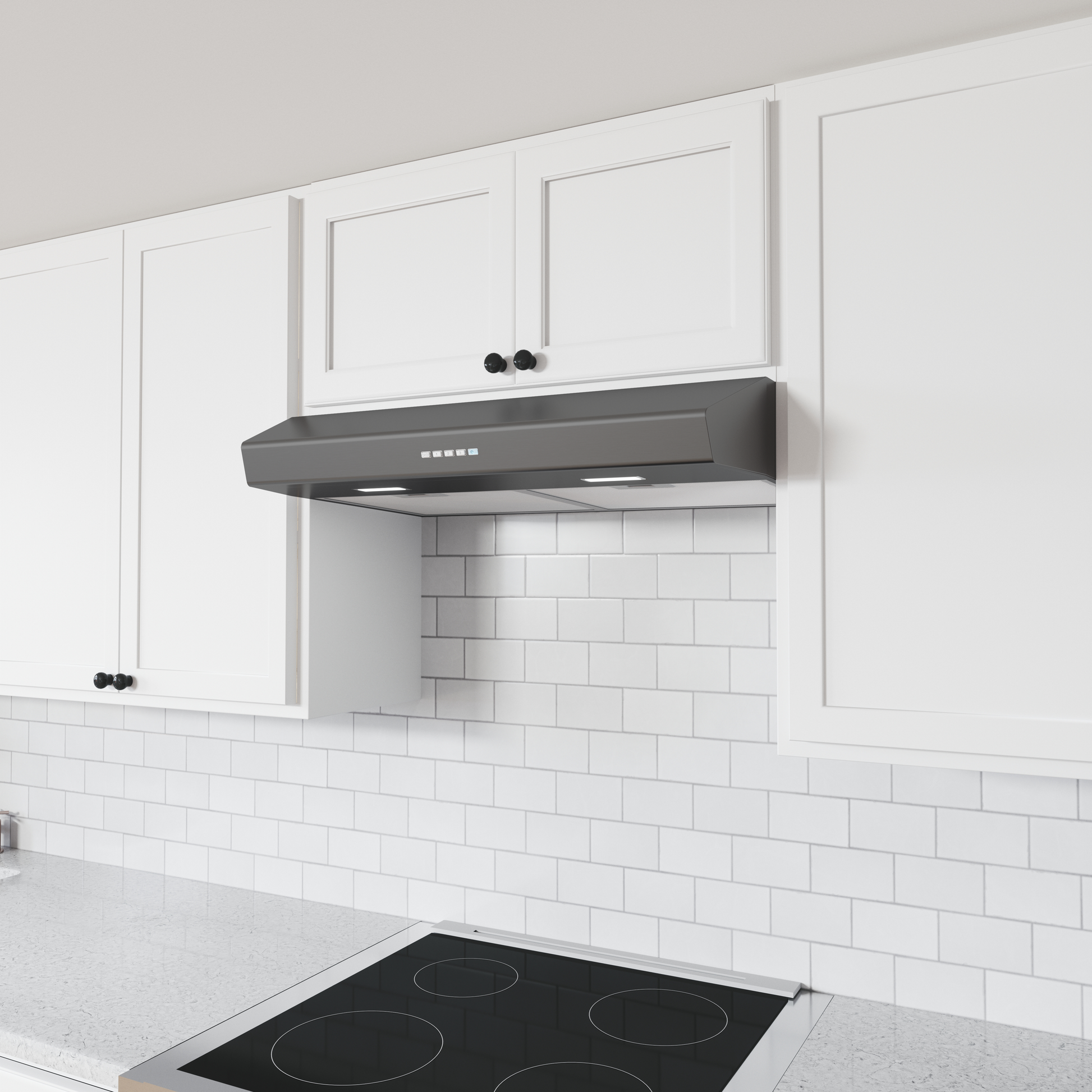 Modern gray under cabinet range hood with LED lights, touch controls, and white kitchen cabinetry in kitchenware collection