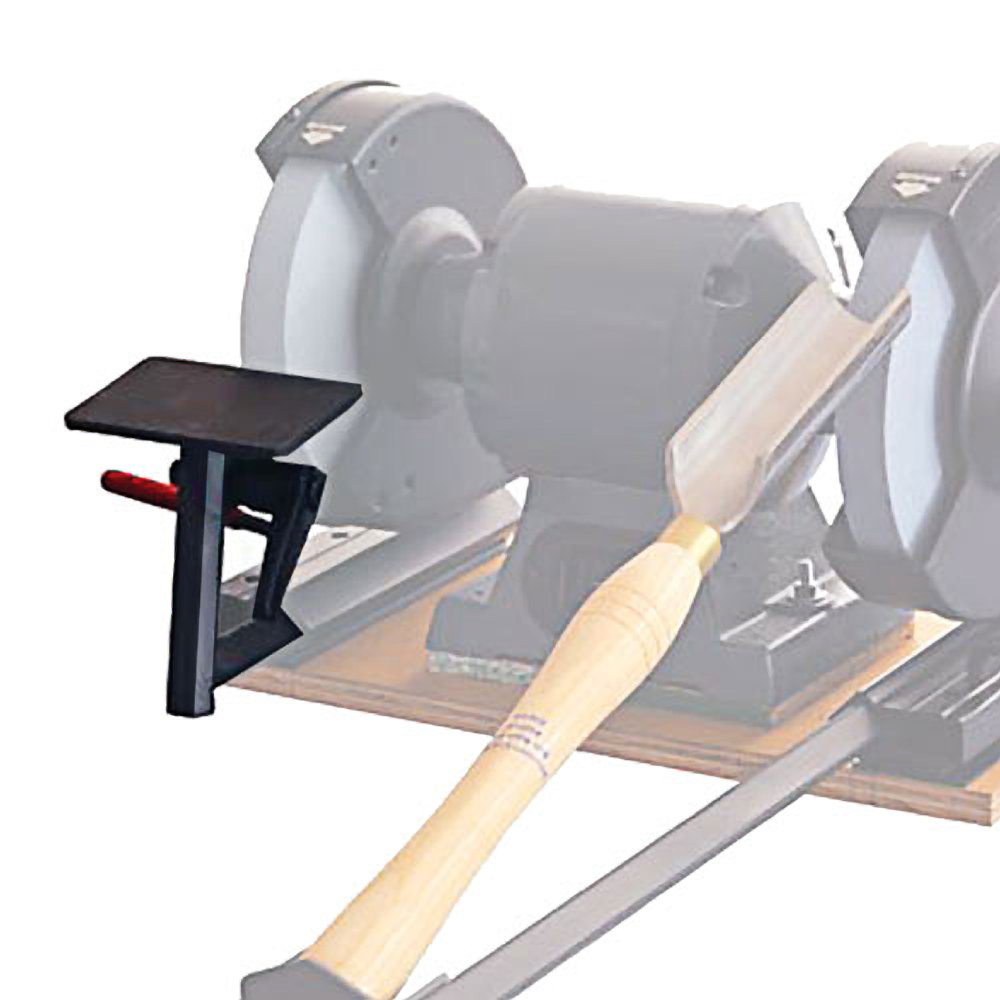 Black metal platform attachment for woodworking lathe with adjustable support arm for tool stability and control