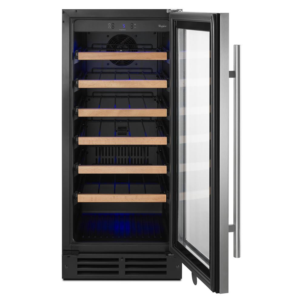 Undercounter wine cooler with glass door, wooden shelves, and blue interior lighting in kitchen appliances collection