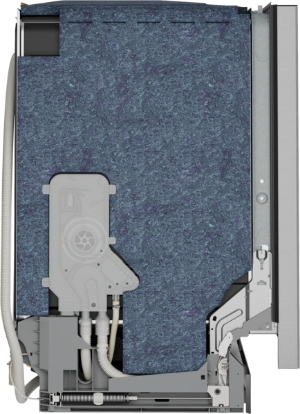 Side cutaway view of stainless steel dishwasher interior showing insulation and internal components in Appliances collection