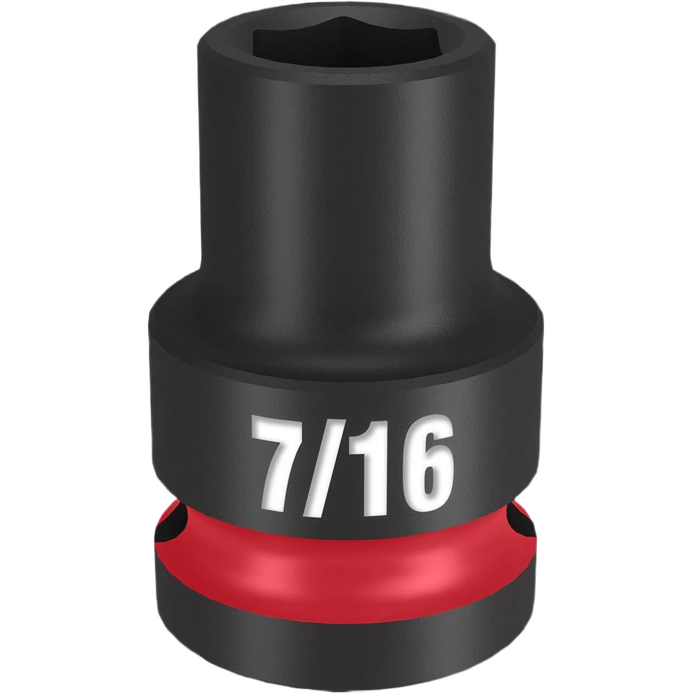 Black and red impact socket with 7/16 size marking for use with hand tools and woodworking applications