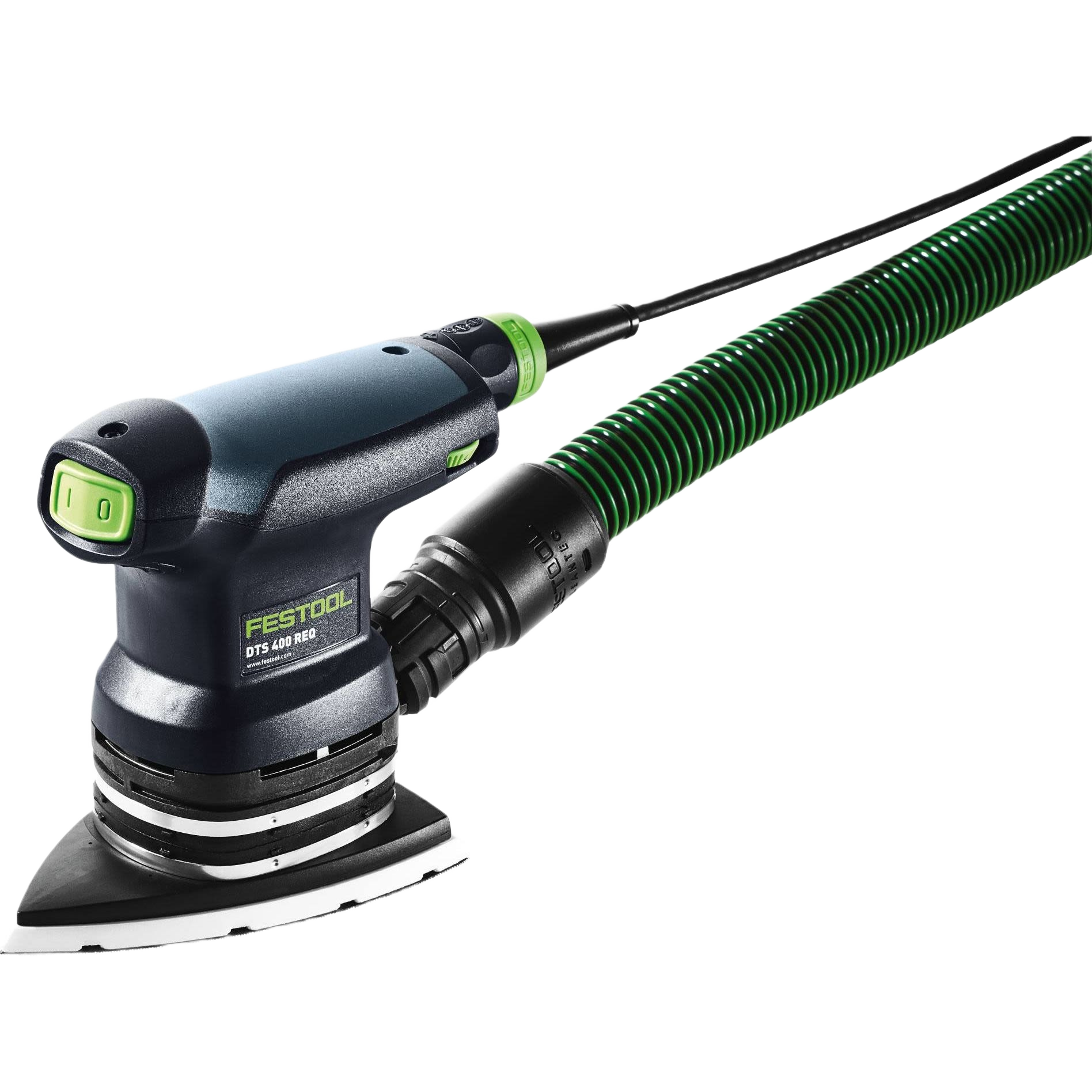 Compact electric finish sander with triangular sanding pad and attached green dust collection hose for tools and home improvement