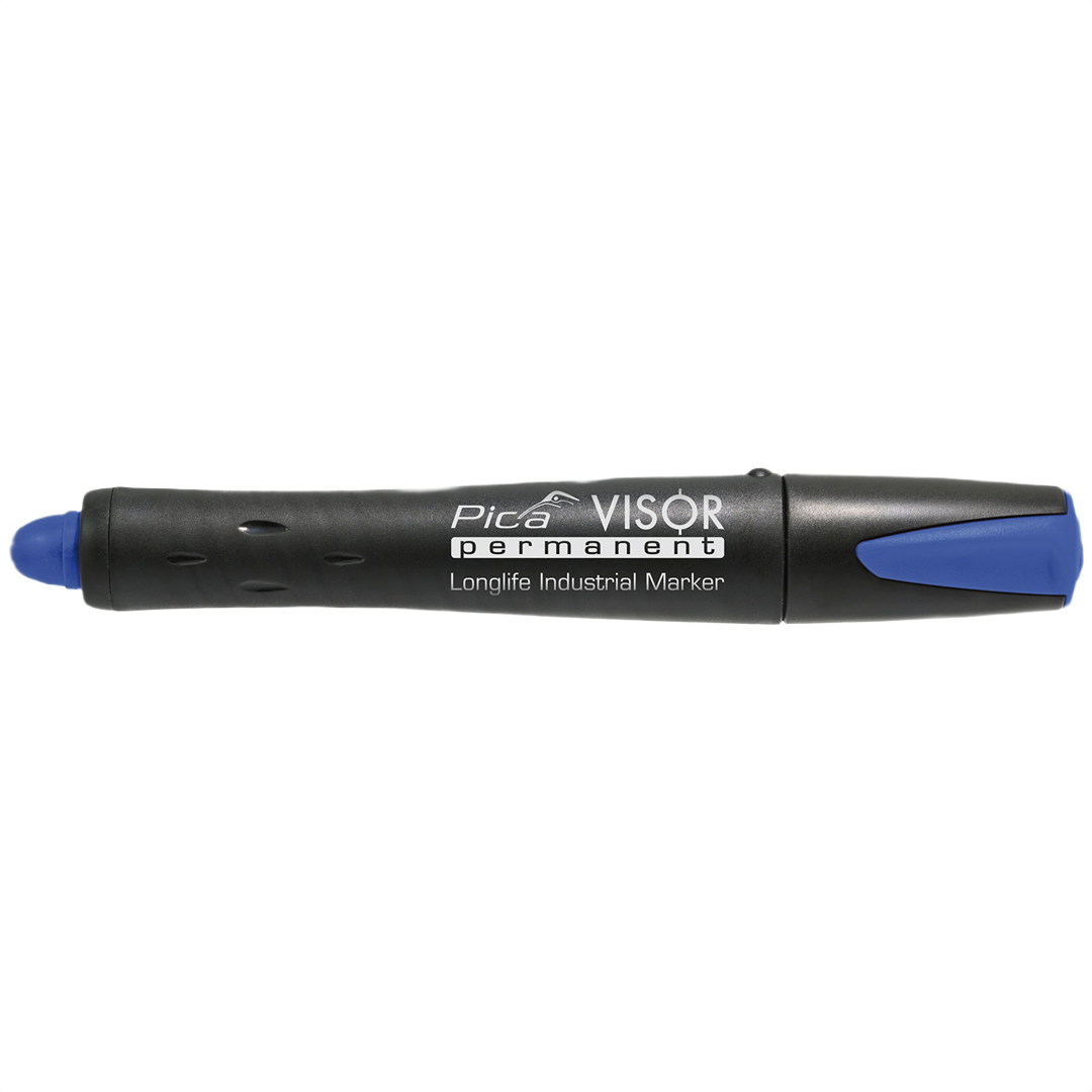 Blue capped Pica Visor permanent marker with black body for versatile marking in woodworking and hand tools collections