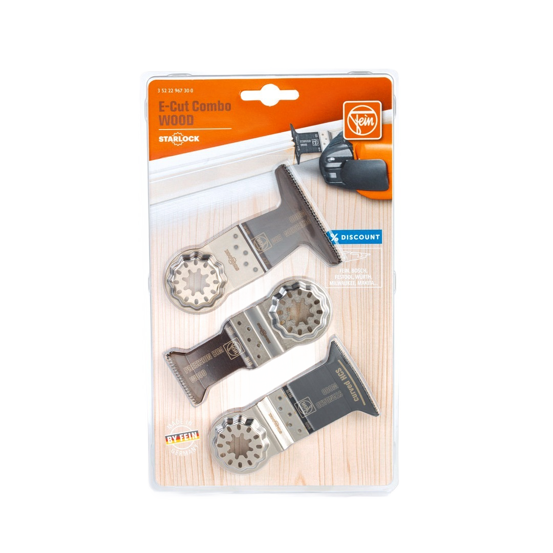Set of three Fein Starlock oscillating saw blades designed for cutting wood in tools and home improvement projects