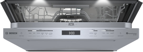 Open stainless steel dishwasher with control panel visible, part of Bosch kitchen appliance collection for home improvement.