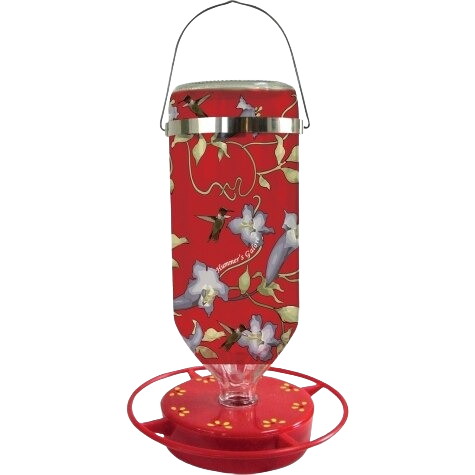 Red hummingbird feeder with floral vine pattern and hanging handle for outdoor bird feeding.