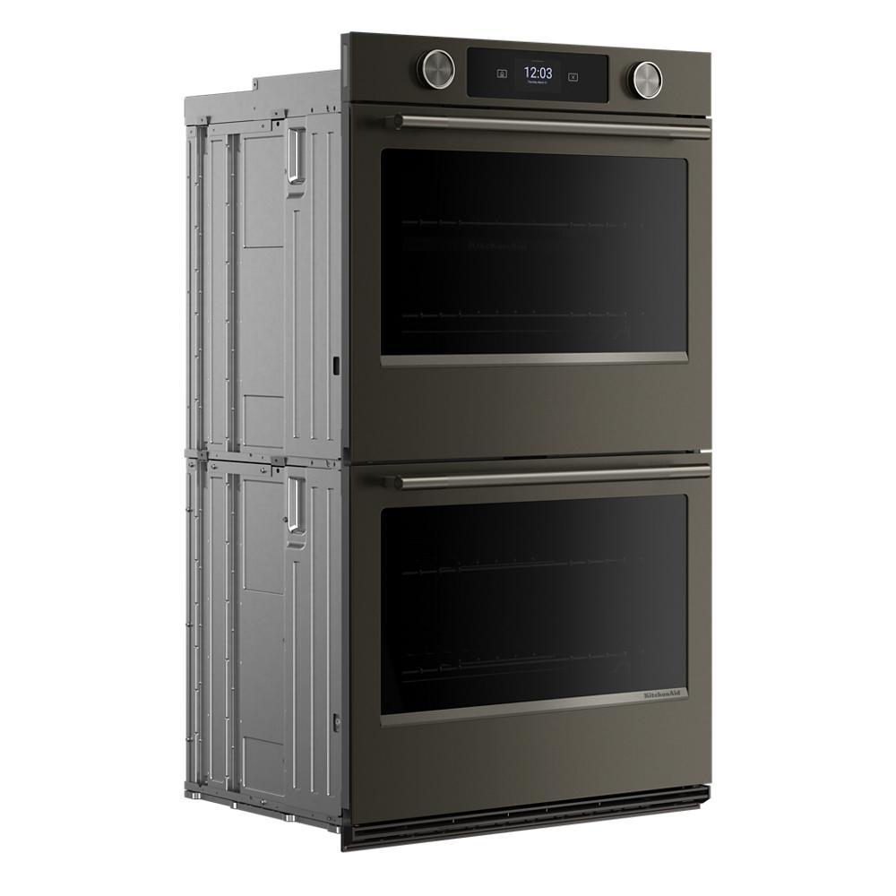 Black ore 30-inch smart electric double wall oven featuring LED touchscreen, backlit knobs, and precise even-heat true convection, part of KitchenAid Appliances and Wall Ovens collections.