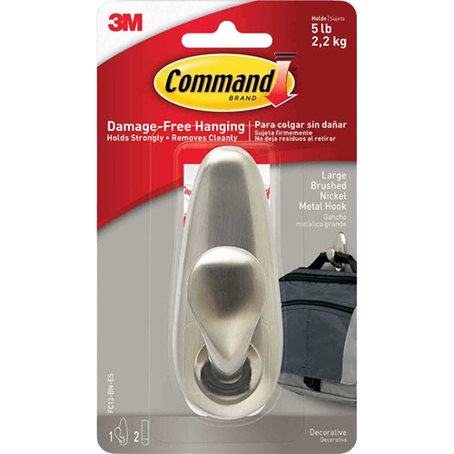 Brushed nickel adhesive hook with 5 lb capacity for damage-free hanging in Hardware and Fasteners collection