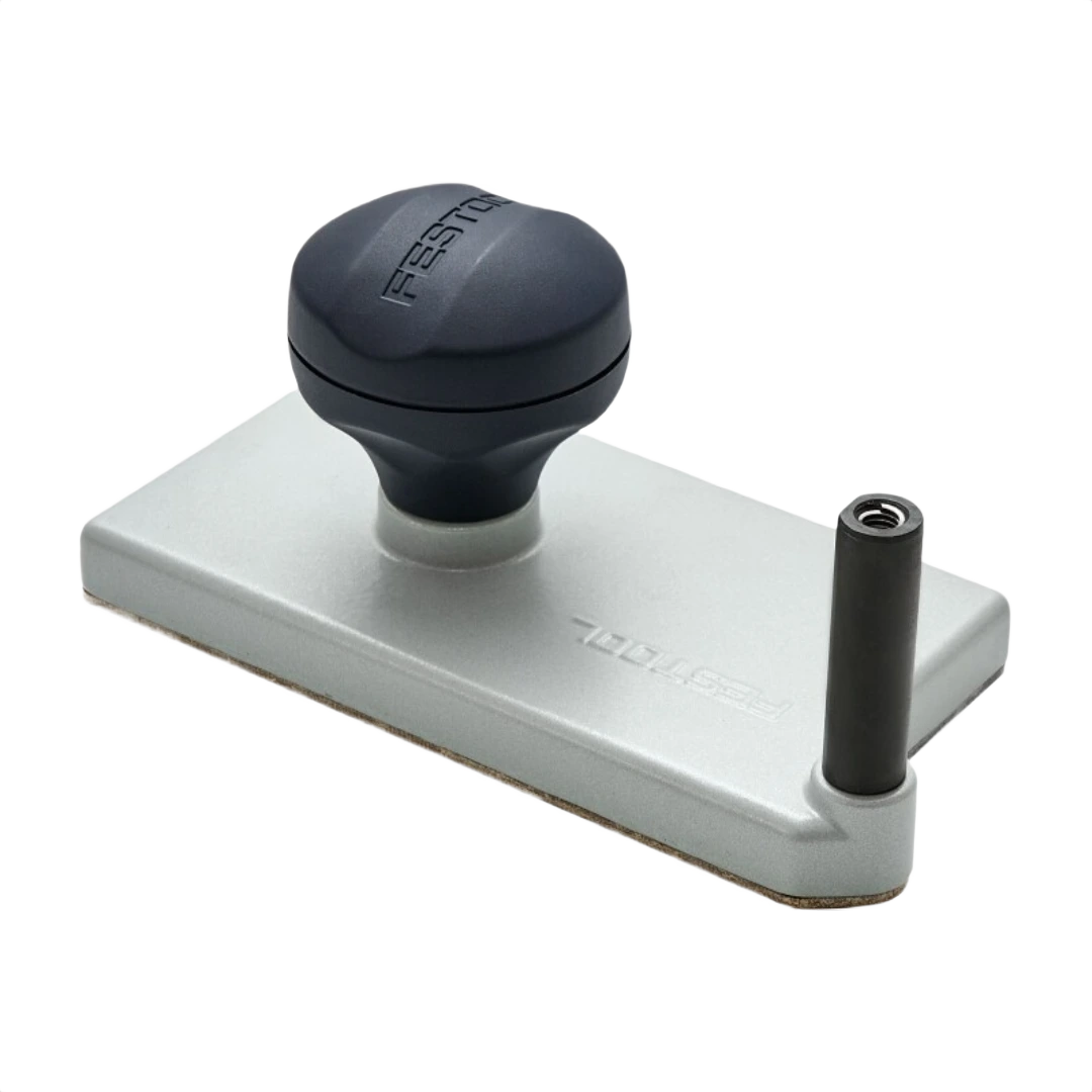 Rectangular aluminum router edging plate with black ergonomic knob and vertical guide post in woodworking tool accessories collection