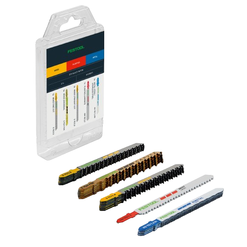Set of five colored jigsaw blades for wood, metal, and plastic cutting in woodworking and power tool accessories collections