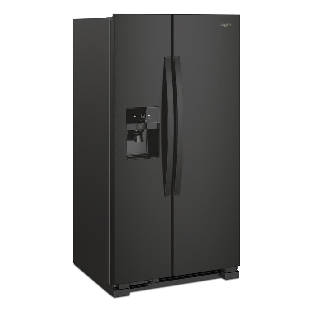 36-inch wide black side-by-side refrigerator with water dispenser and sleek curved handles in kitchen appliances collection