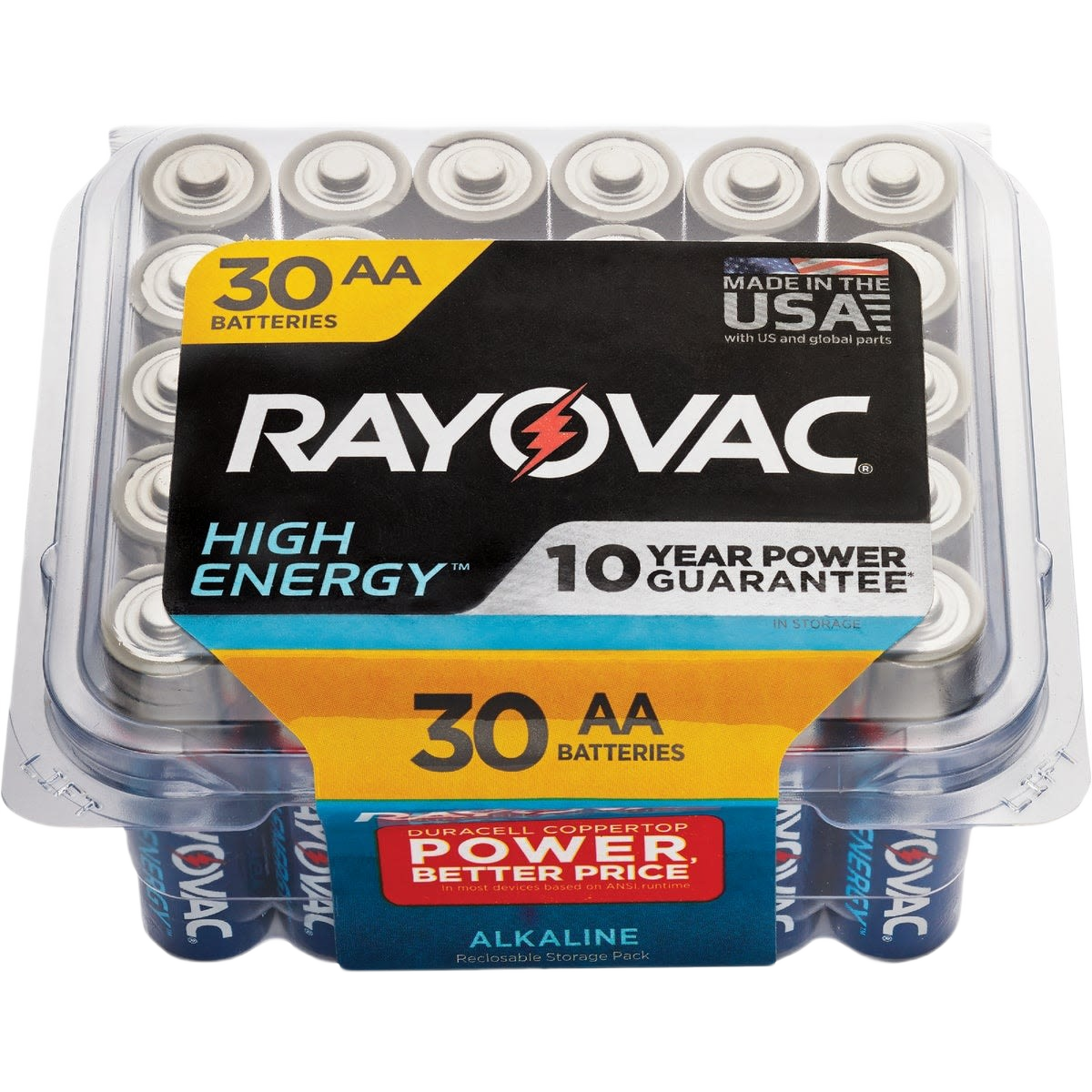 Pack of 30 Ray-O-Vac High Energy AA alkaline batteries with 10-year power guarantee in household and electrical collections