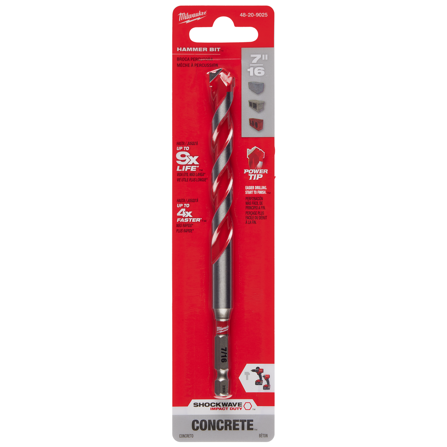 7/16" carbide-tipped hammer drill bit with red spiral flutes for concrete drilling in power tool accessories collection