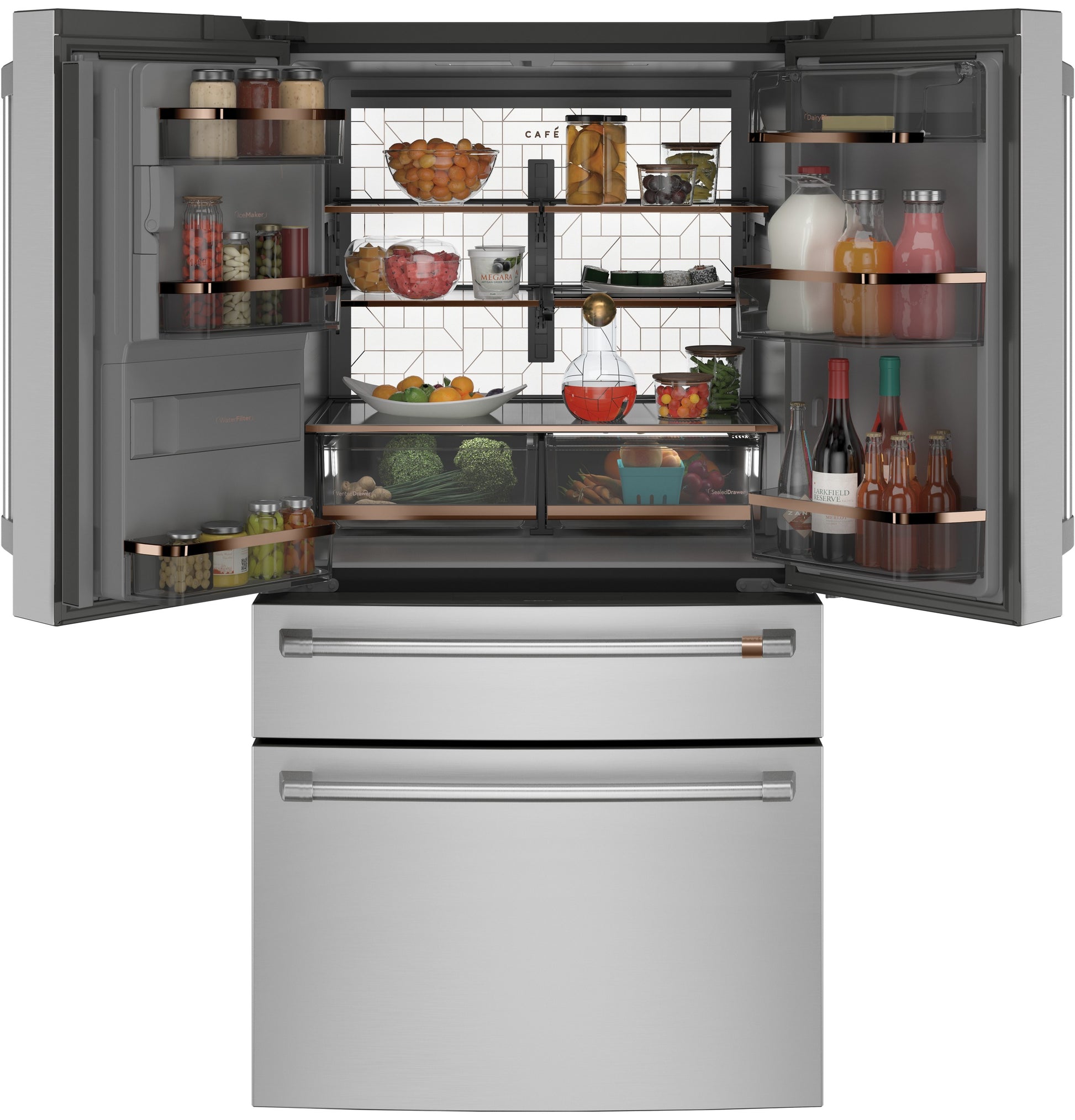 Open stainless steel smart counter-depth French-door refrigerator with organized fresh produce and beverages in kitchen appliances collection