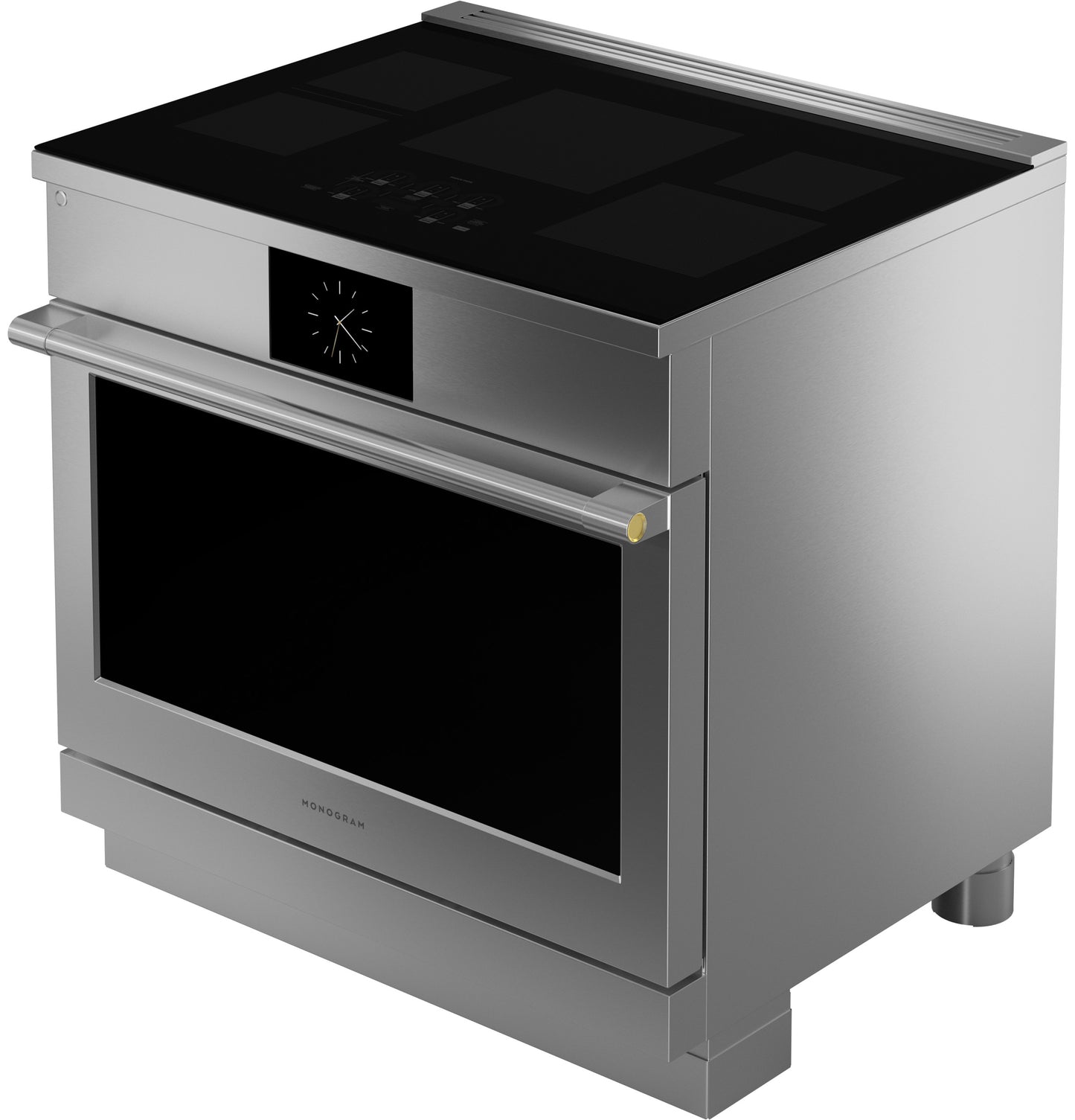 Stainless steel induction range with five cooking elements and digital control panel in modern kitchen appliances setting