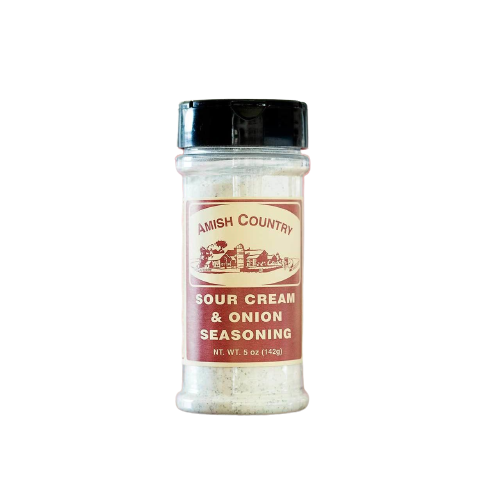 Clear plastic shaker bottle of Amish Country sour cream and onion seasoning for grilling sauces and spices under $50