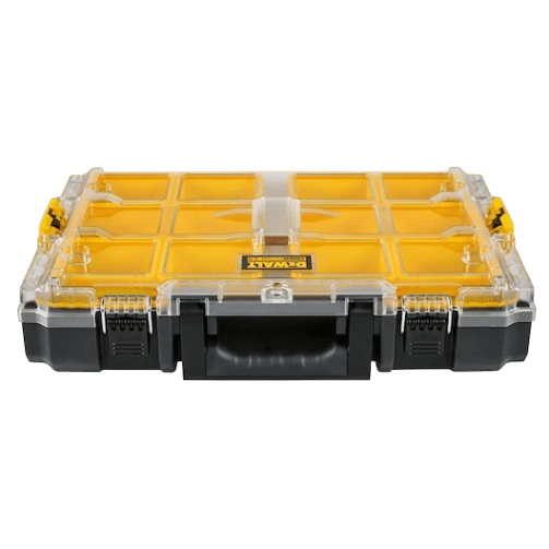 Compact yellow and black tool organizer with clear lid and secure latches for home improvement and tool storage
