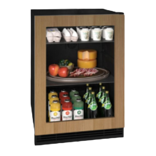 Compact counter-depth refrigerator with glass door and wood frame stocked with beverages and fresh food from Appliances collection