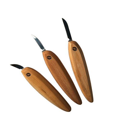 Three wood carving knives with full-sized wooden handles and sharp metal blades for precision woodworking tools under $100 collections