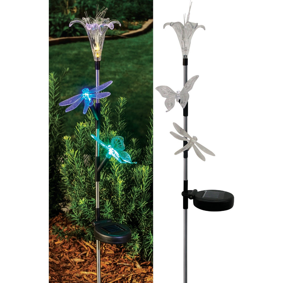 Outdoor solar stake light with acrylic flower and insect accents featuring multicolor LED for garden lighting under $50