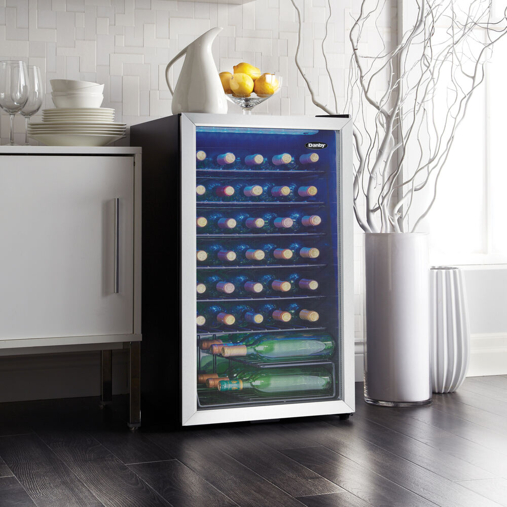 36 Bottle Wine Cooler, Interior Blue LED Lighting, Wire Shelves