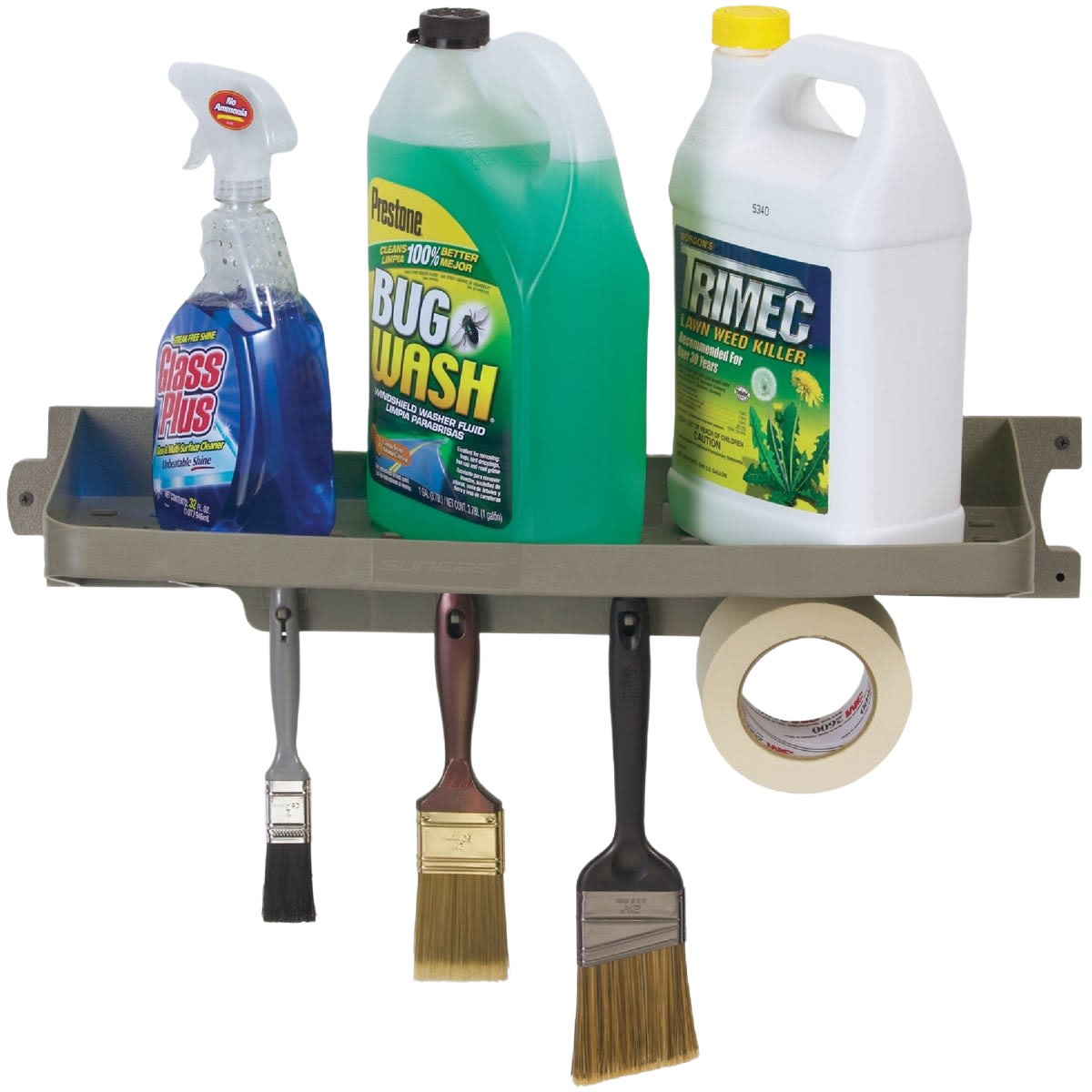 Durable wall-mounted shelf with hooks holding spray bottle, cleaning liquids, tape, and three paintbrushes for tool organization