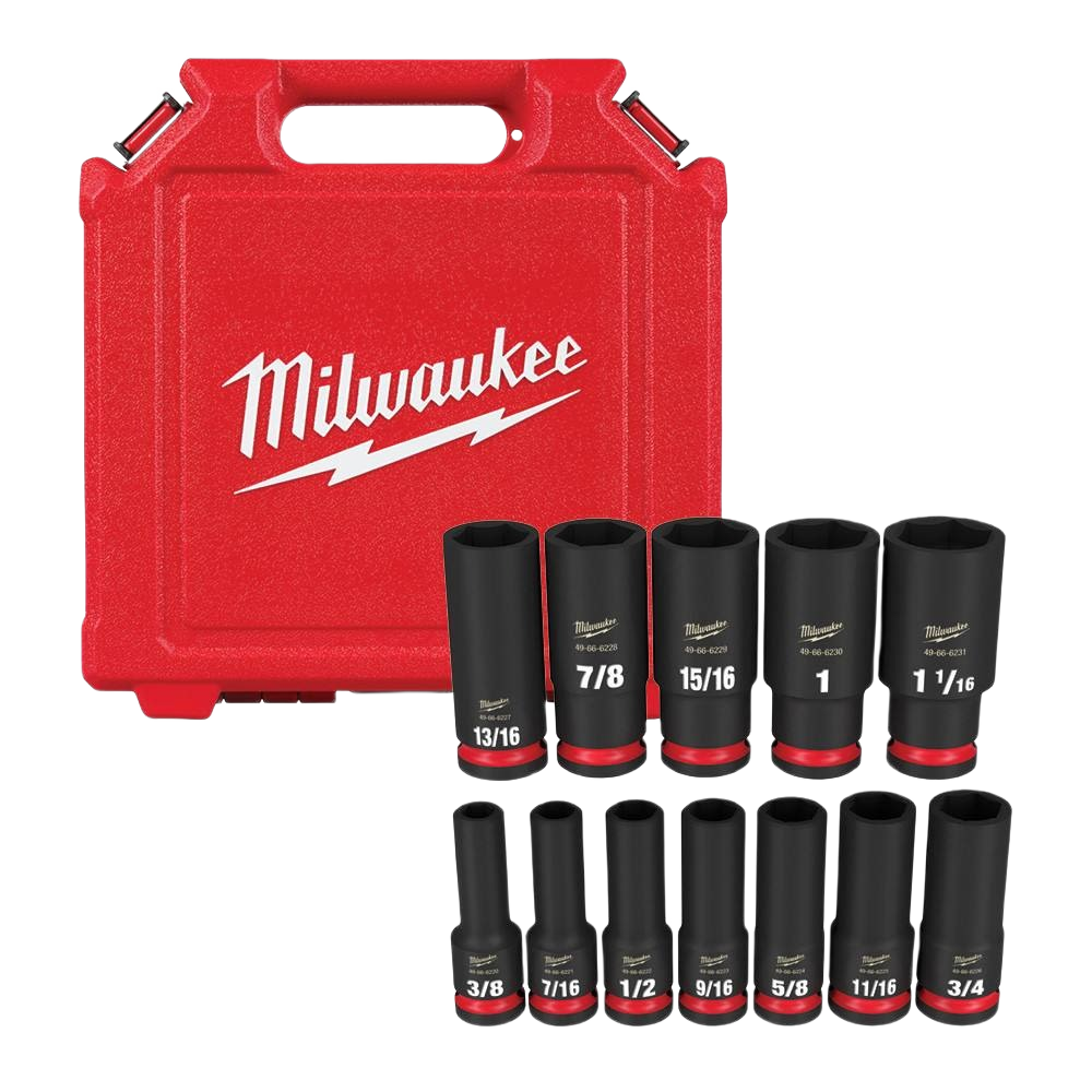 Set of twelve black impact sockets with red accents beside a red hard carrying case for woodworking and home improvement tools