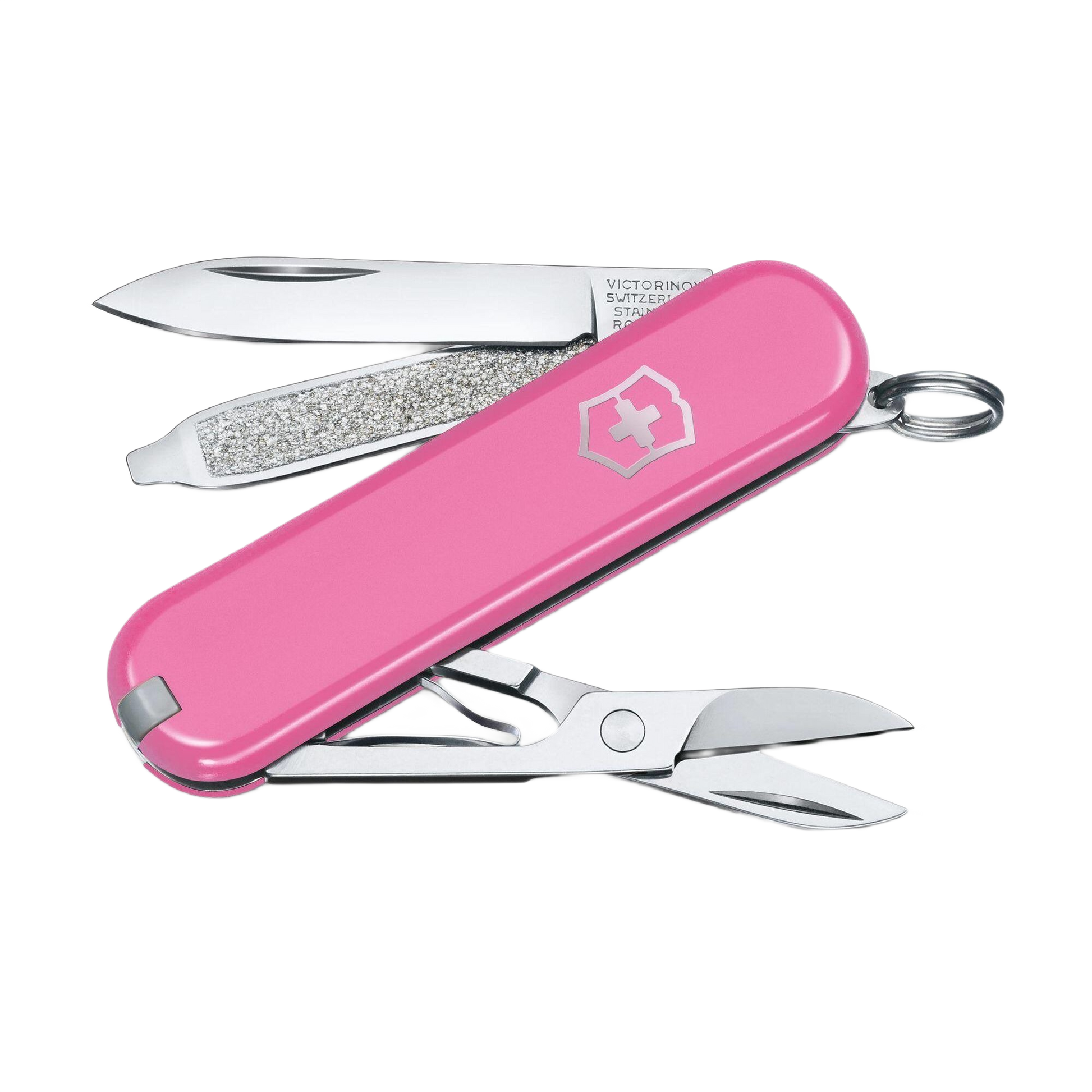 Pink multi-tool pocket knife with scissors, nail file, and small blade for everyday tools and home improvement tasks
