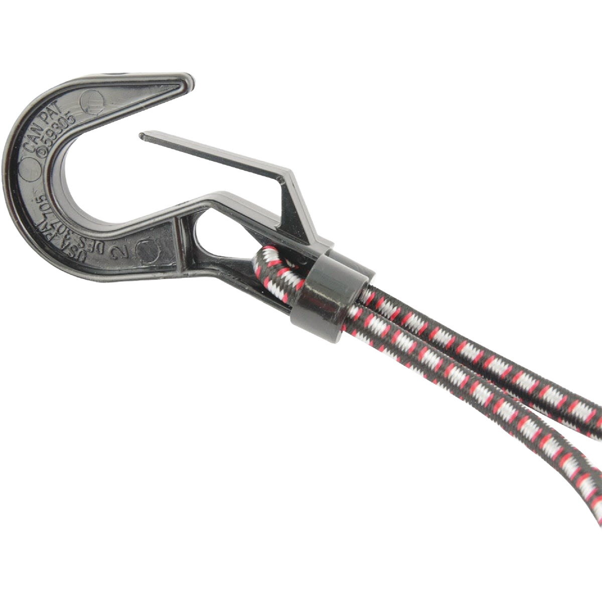 Adjustable bungee cord with durable plastic hook and red, black, and white woven strap for securing items in tools and home improvement tasks