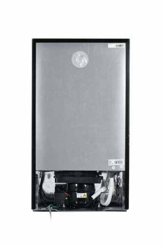 Rear view of compact refrigerator showing compressor and electrical components for kitchen appliance use