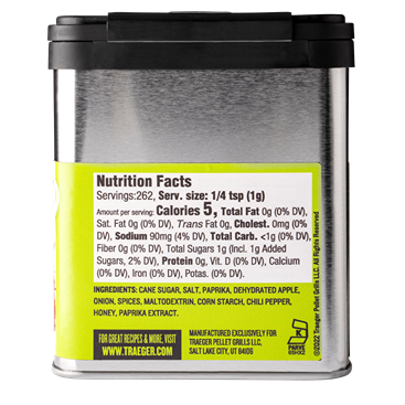 Metal container back label of Traeger pork and poultry rub with nutrition and ingredient details for grilling recipes