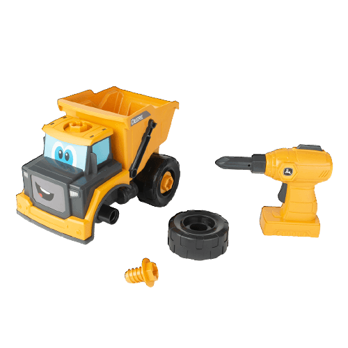 Yellow toy dump truck with removable parts and a matching battery-powered toy drill for children’s playtime.