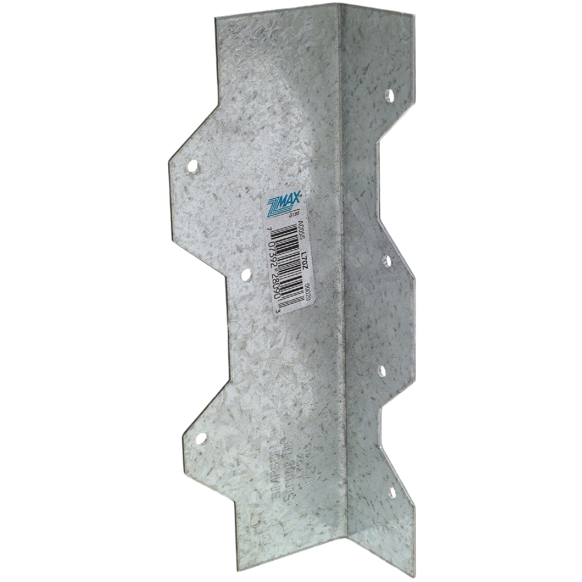 Galvanized steel reinforcing angle with staggered nail holes for stronger wood connections in building materials and fasteners.