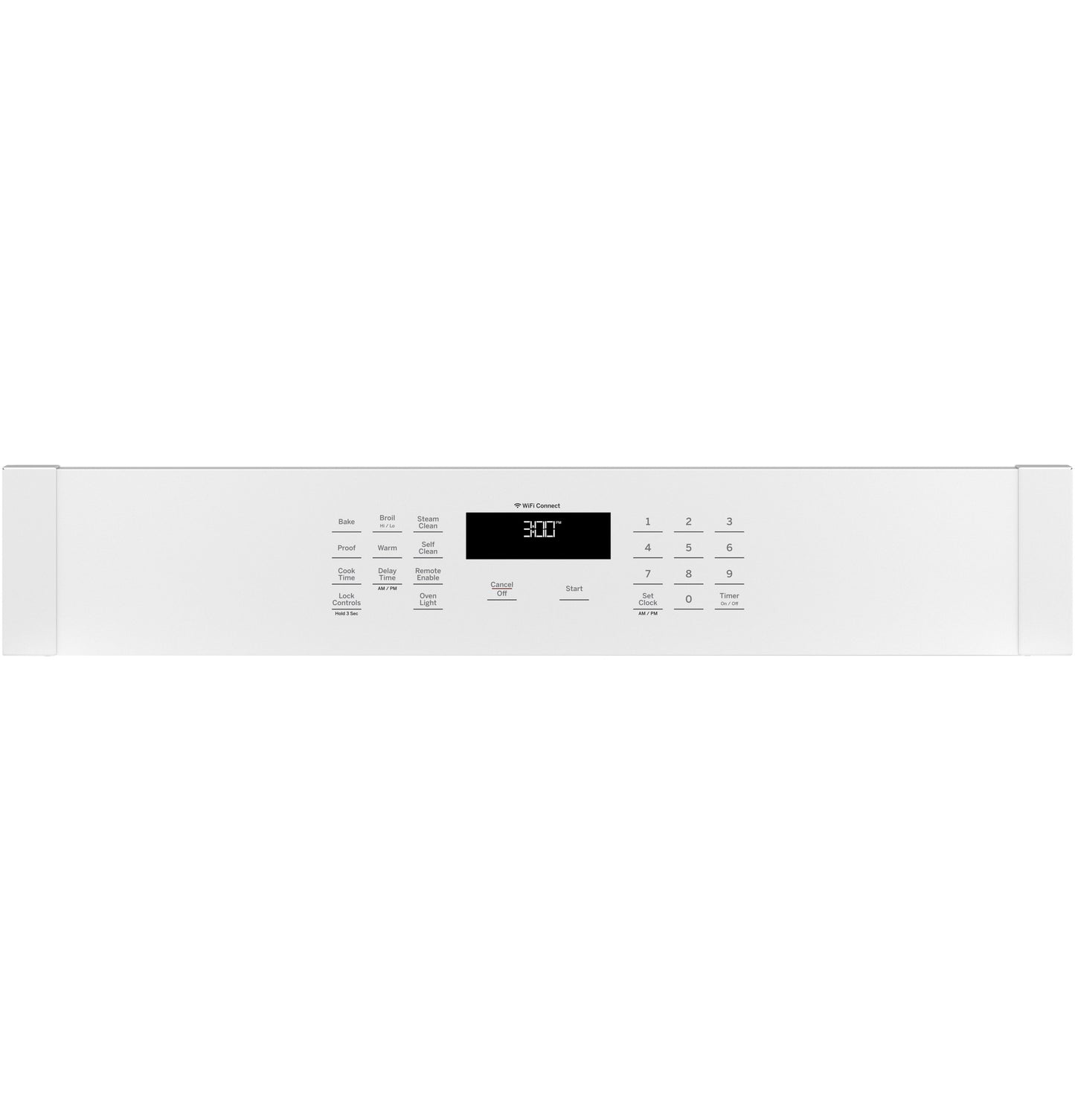 White control panel of smart built-in oven with digital display and touchpad buttons for kitchen appliances and wall ovens collections