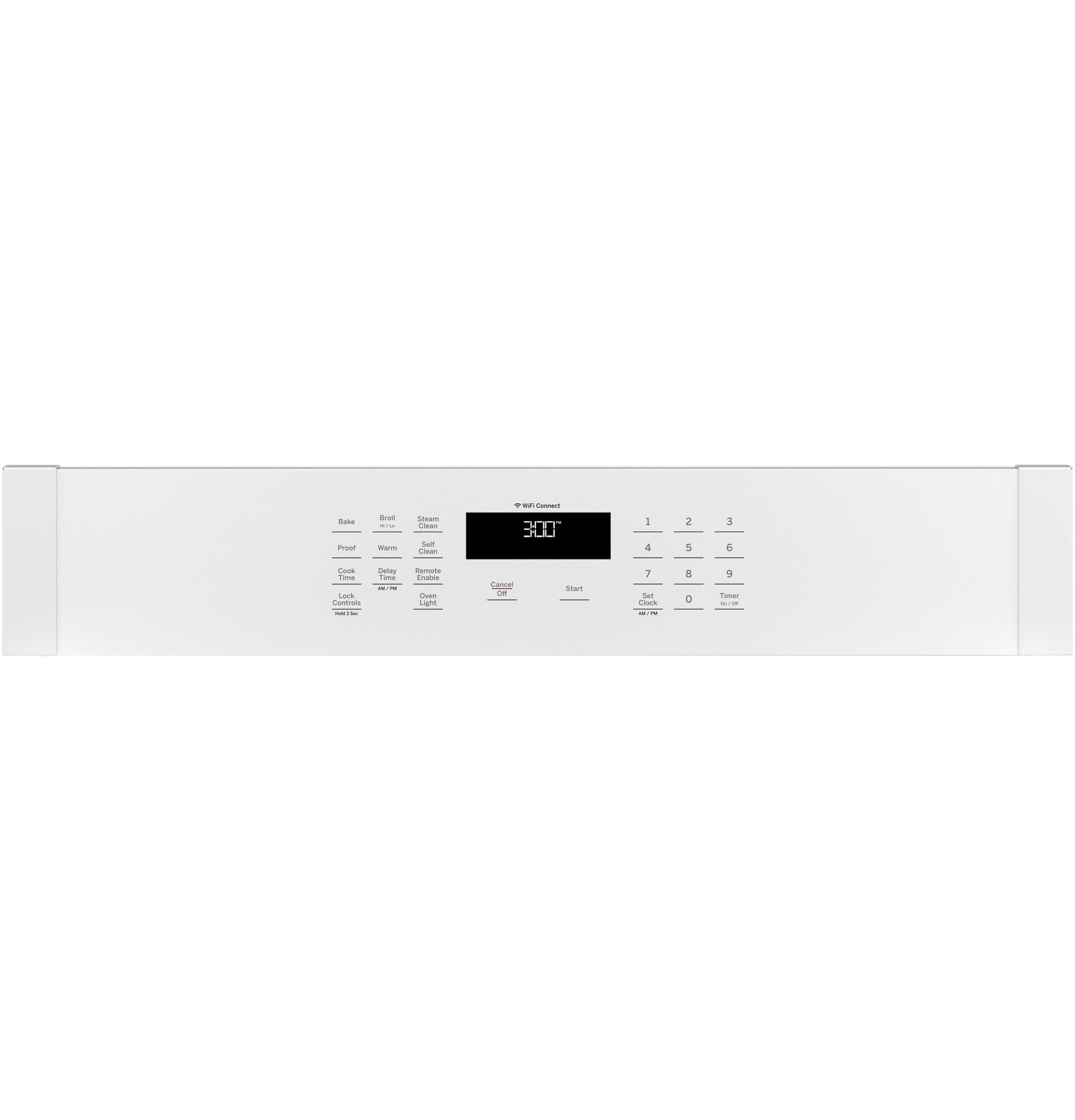 White control panel of smart built-in oven with digital display and touchpad buttons for kitchen appliances and wall ovens collections
