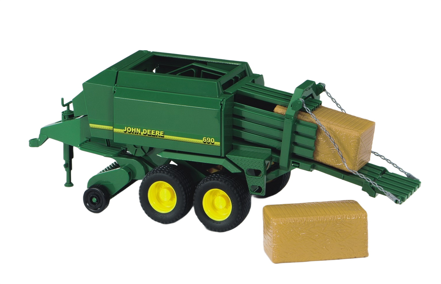Green Bruder John Deere bale press toy with yellow wheels and detailed large hay bales in Toys & Games collection
