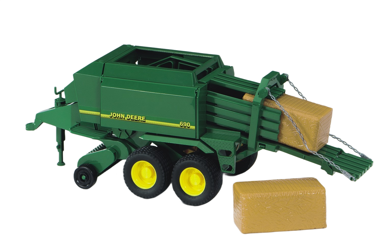 Green Bruder John Deere bale press toy with yellow wheels and detailed large hay bales in Toys & Games collection