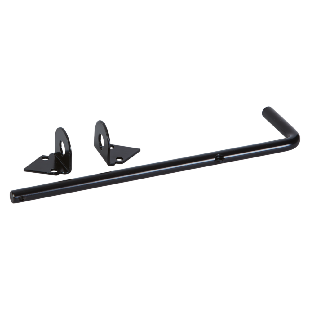Black steel cane bolt with mounting brackets for securing gates and doors in home improvement hardware projects