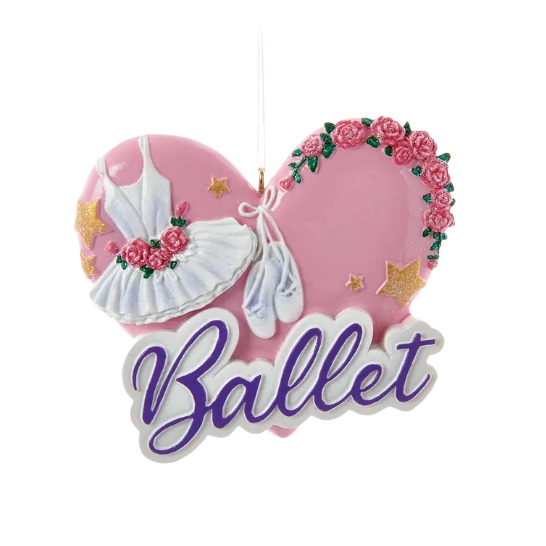 Pink heart-shaped ornament with ballet dress, slippers, rose decorations, and "Ballet" script in purple lettering