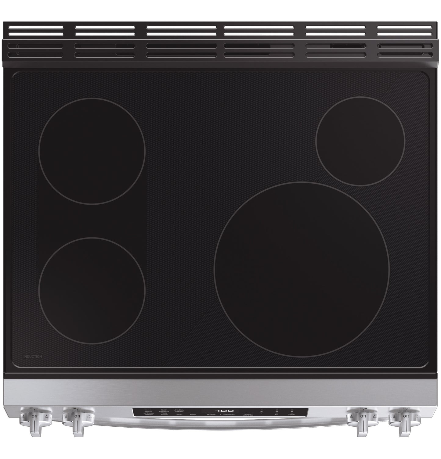 Top view of black smart slide-in induction cooktop with four cooking zones and stainless steel control panel in kitchen appliances