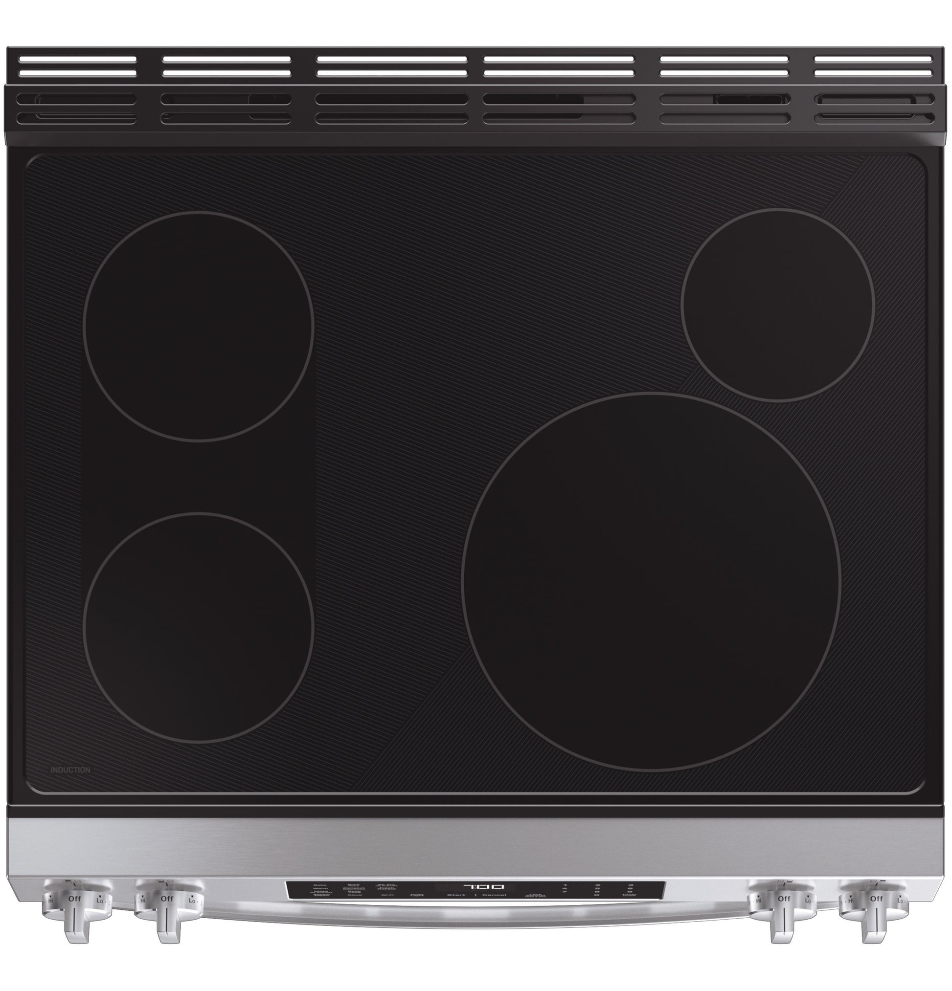 Top view of black smart slide-in induction cooktop with four cooking zones and stainless steel control panel in kitchen appliances