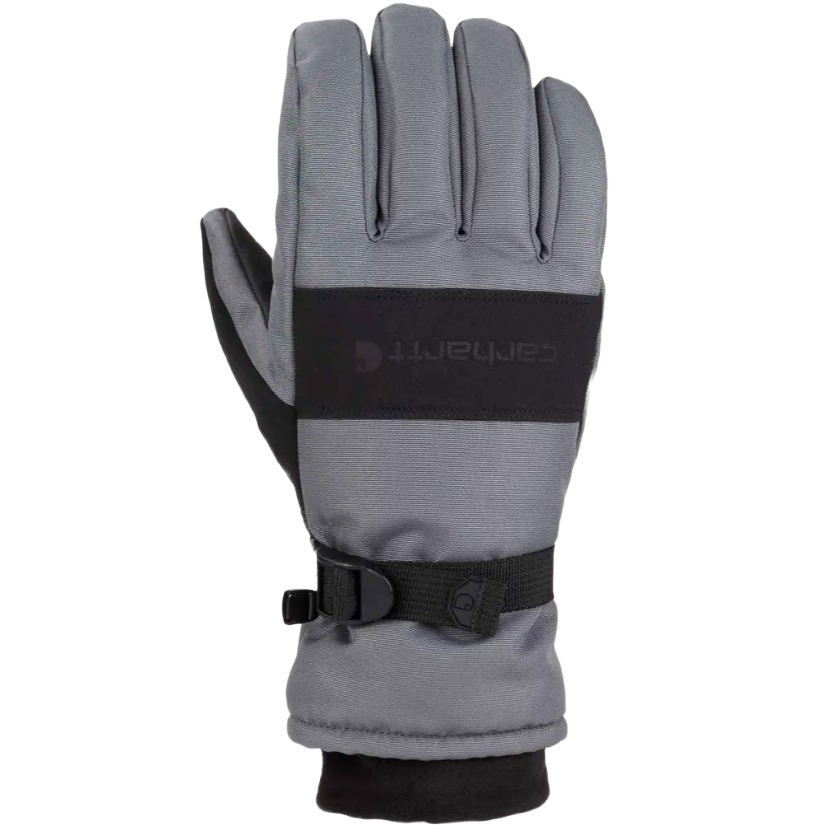 Dark gray and black insulated winter glove with adjustable wrist strap for cold weather protection in clothing and accessories collections