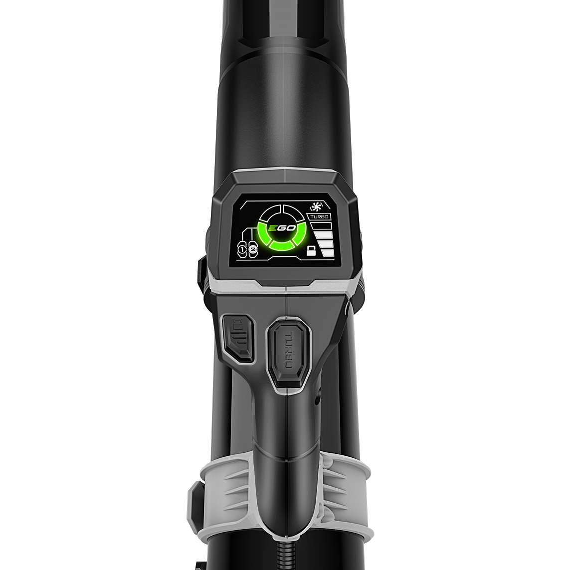 Digital control panel on commercial backpack blower with ergonomic handle and turbo mode for tools and home improvement tasks
