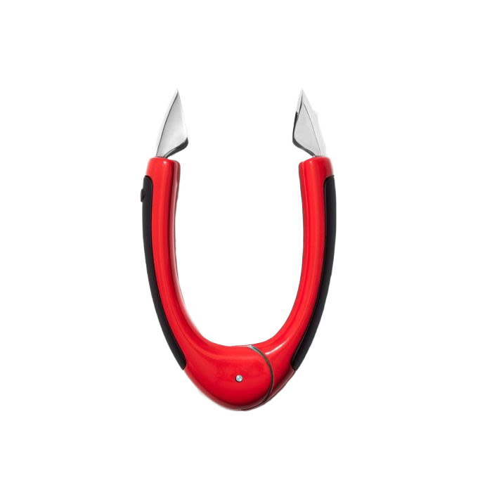 Red kitchen gadget with stainless steel blades designed for efficiently removing strawberry hulls in kitchenware tools collection