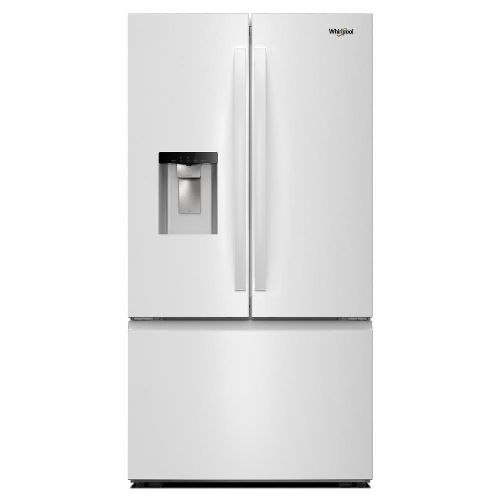 White French door refrigerator with bottom freezer drawer and built-in water and ice dispenser for kitchen appliances