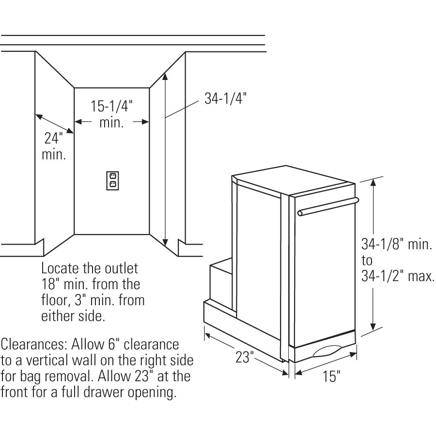Diagram showing installation clearances and dimensions for a built-in trash compactor in kitchen and home improvement appliances collection